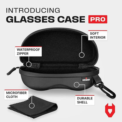 Caja de gafas Pro con interior suave, cremallera impermeable y paño de microfibra. Ideal para proteger gafas.