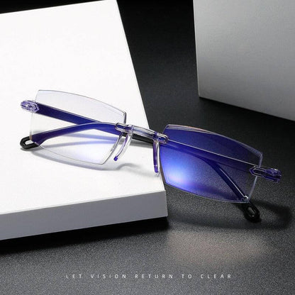 Gafas visión continua Optilux TR90 en color azul sobre superficie negra, diseñadas para mejorar la claridad visual.